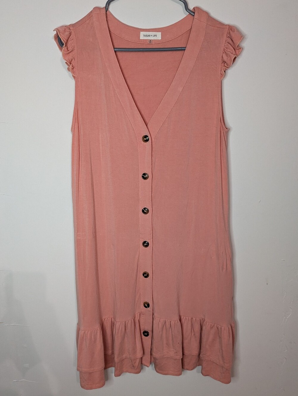 Sugarlips Coral Pink Button-Front Midi Dress with Ruffle Hem